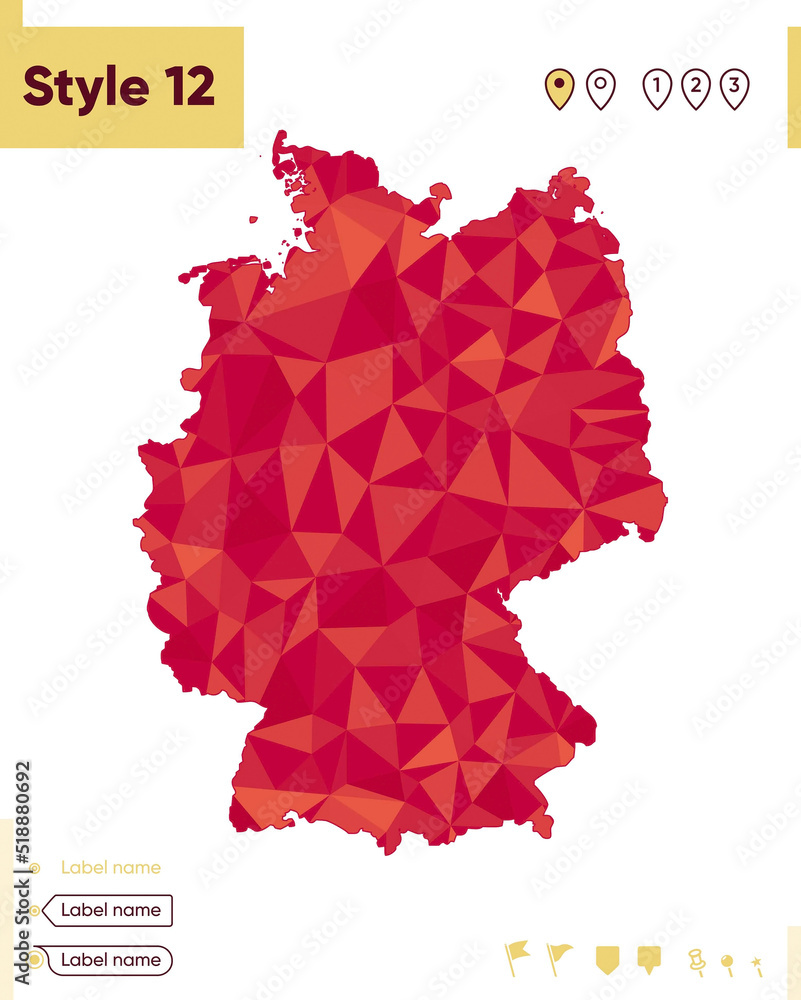 Germany - red low poly map, polygonal map. Outline map. Vector illustration.