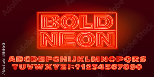 Bold Neon alphabet font. Orange neon letters and numbers. Stock vector typescript for your design.