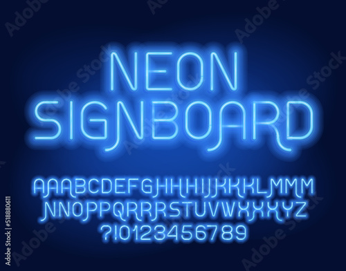 Neon Signboard alphabet font. Blue neon color geometric letters with alternates and numbers. Stock vector typeface for your design. © epifantsev