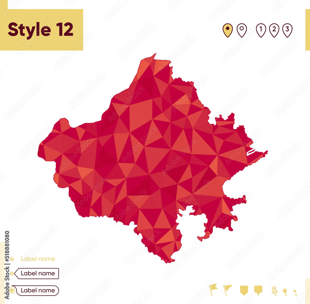 Rajasthan, India - red low poly map, polygonal map. Outline map. Vector illustration. Rajasthan, India - red low poly map, polygonal map. Outline map. Vector illustration.
