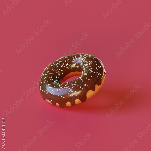 Chocolate donut 3d render colorful topping on pink