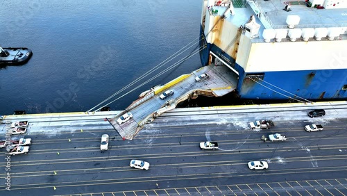 Aerial Drone View of Vehicle Carrier Ship Unloading 