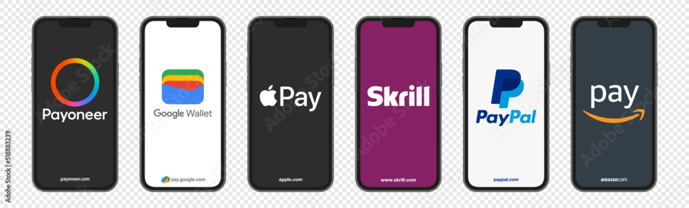 Top payment services virtual on smartphone screen Payoneer Google Wallet Apple Pay Skrill PayPal Amazon Pay vector editorial illustration Stock Vektorgrafik Adobe Stock