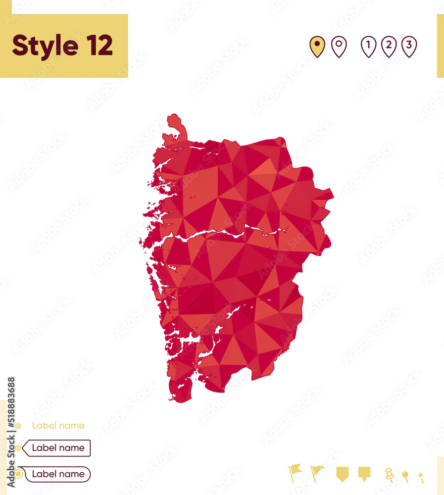 Vestland, Norway - red low poly map, polygonal map. Outline map. Vector illustration.