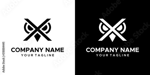 an owl X-themed graphic image, on a black and white background. vector graphics base.