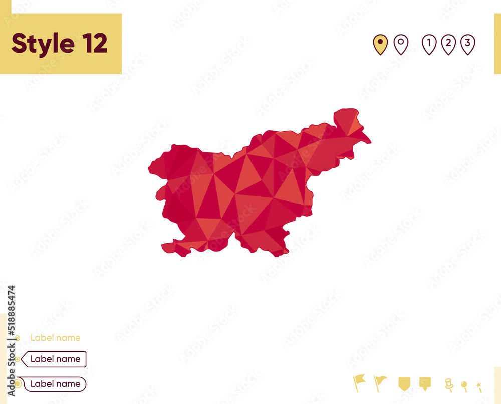 Slovenia - red low poly map, polygonal map. Outline map. Vector illustration.