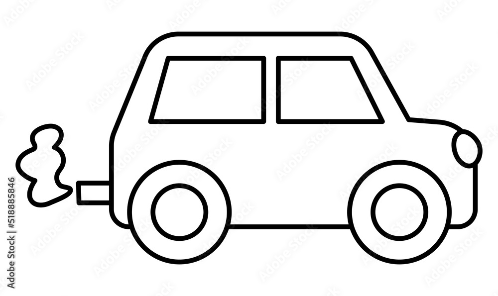 Black and white car emitting exhaust gases. Traditional line transport harm concept. Automobile with exhaust pipe illustration isolated on white background. Emission reduce icon or coloring page.