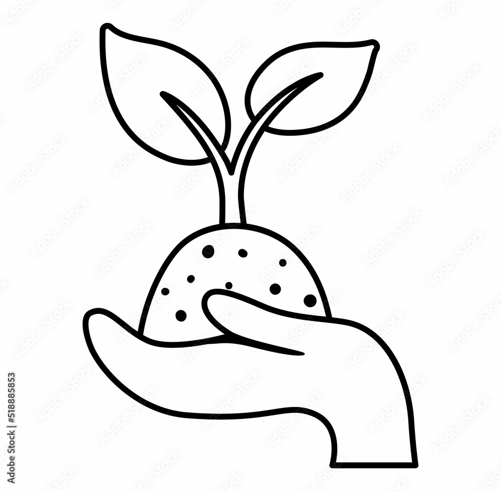 Vector black and white hand holding growing baby plant. Ecological