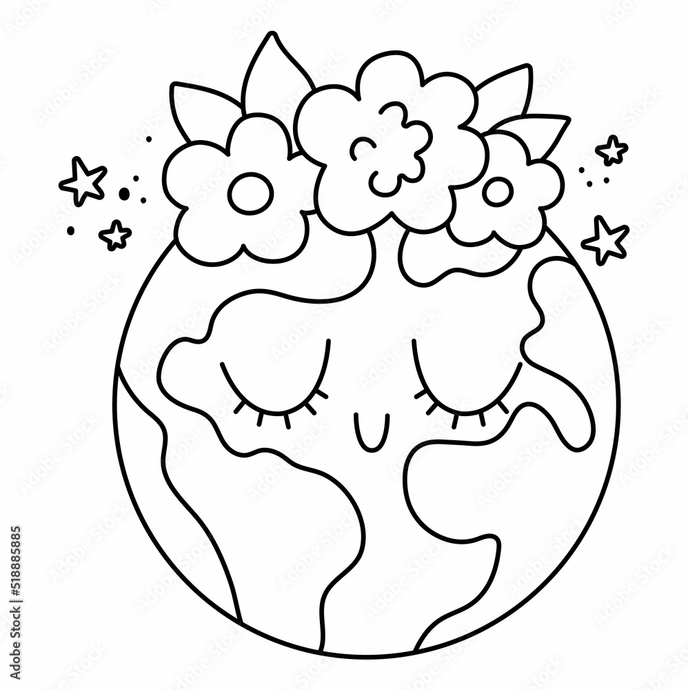 Vector black and white earth for kids. Earth day line illustration with