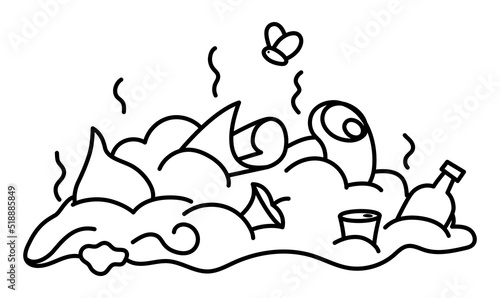 Vector black and white rubbish dump icon. Smelling waste heap line illustration. Trash pile coloring page. Organic, paper, metal, glass, plastic garbage. Earth day or zero waste ecological concept.