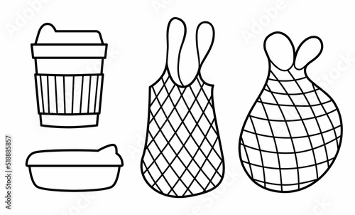 Eco black and white set with shopping bags, reusable cup and container. Line net bag illustration. Organic recyclable shopper and ecological food packaging concept or coloring page.
