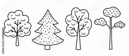 Vector black and white trees set. Woodland coloring page for kids. Cute nature outline collection with plants. Garden or forest icons pack.