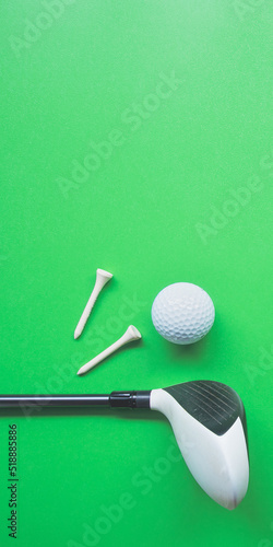 Golf equipment flat lay on green background. Top view. web banner size.