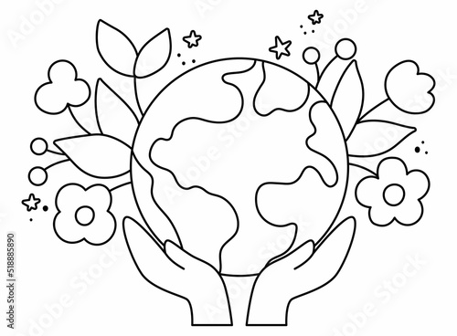 Vector black and white hands holding earth with flowers. Earth day line illustration with cute planet. Environment friendly icon with globe. Cute ecological concept or coloring page.
