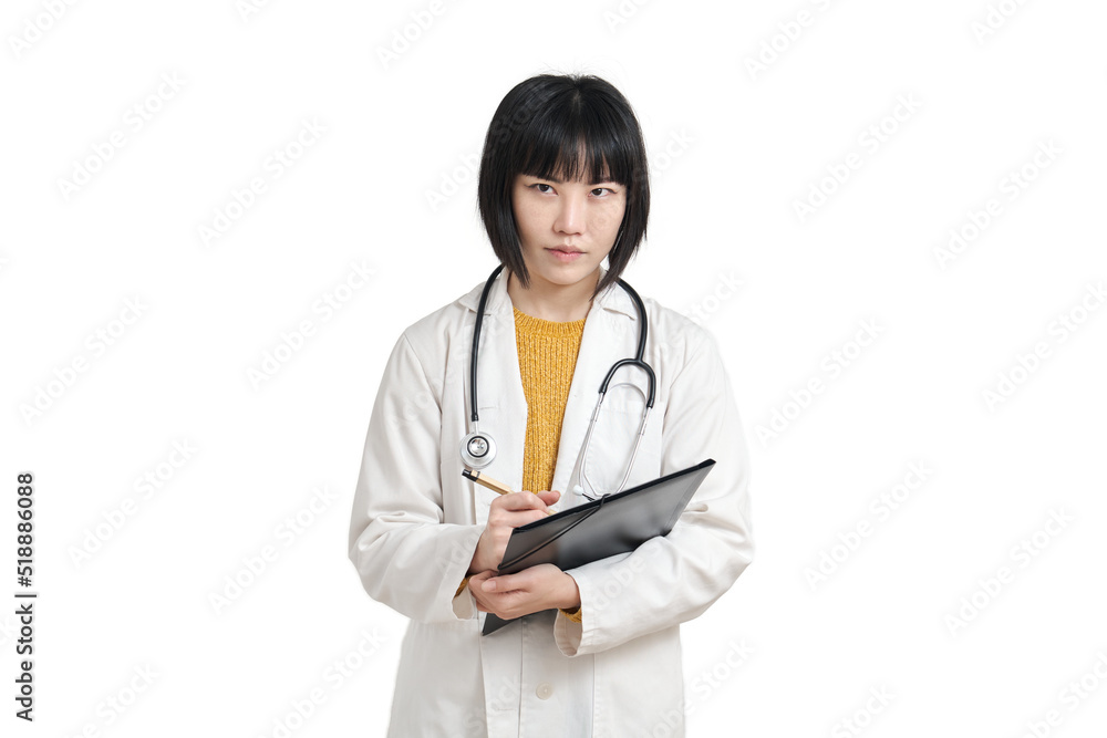 Young asian female doctor writing on a paper, isolated on white background. Young asian female doctor writing on a paper, isolated on white background.