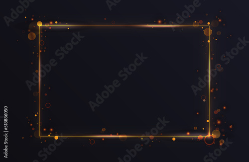 Gold glowing rectangular frame, light effect vector illustration. Luxury luminous golden neon frame lines with flying abstract sparkling flash, glares and particles on black background