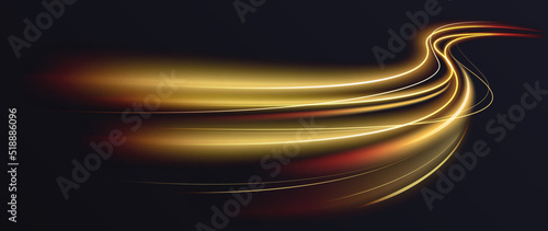 Abstract shiny color gold wave light effect vector illustration. Magic golden luminous glow design element on dark background, orange and yellow luminosity, abstract neon motion glowing wavy lines