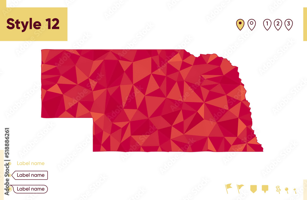 Nebraska, USA - red low poly map, polygonal map. Outline map. Vector ...