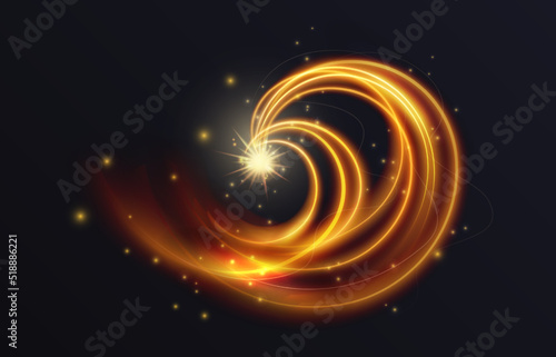 Golden luminous swirl shape, abstract light effect vector illustration. Luxury sparkling neon trail of flying stars, shiny magic swirling gold spirals, sparkle motion on black background