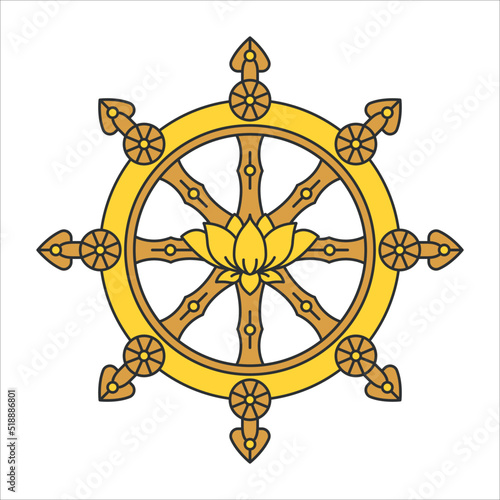 Golden Dharma wheel. Dharmachakra Buddhism sacred symbol. Isolated vector illustration