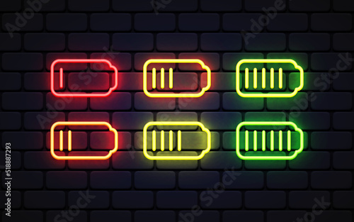 Battery neon in 3d style on dark background. Abstract illustration with battery neon. Light glowing effect. Vector design