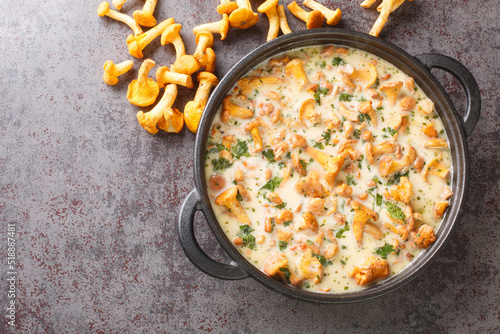 Foto Chanterelle mushrooms are stewed in cream wine sauce closeup in a pan on a table