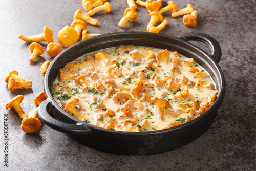 Stewed chanterelle mushrooms with cheese, garlic, cream and herbs close-up in a pan on the table. horizontal