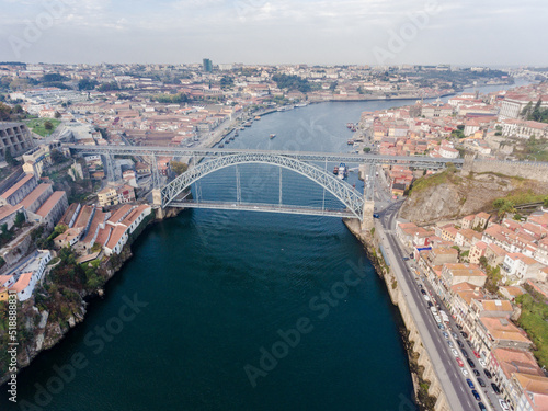 Aerial view of Dom Luis Bridge in Porto in a beautiful summer day, Portugal