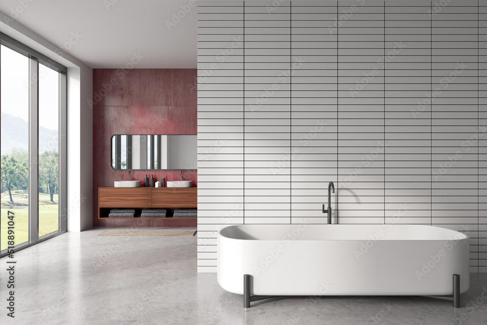 Fototapeta premium Front view on bright bathroom interior with bathtub, empty wall