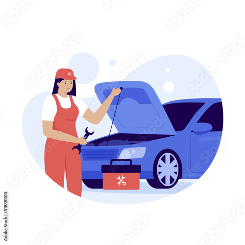 Flat design of woman repairing cars. Illustration for websites, landing pages, mobile applications, posters and banners. Trendy flat vector illustration