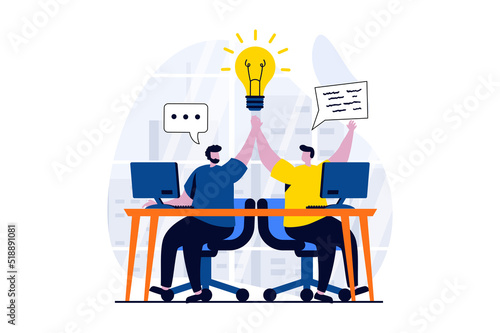 Teamwork concept with people scene in flat cartoon design. Men working together in team at office, cooperation for achievement goals, colleague collaboration. Vector illustration visual story for web