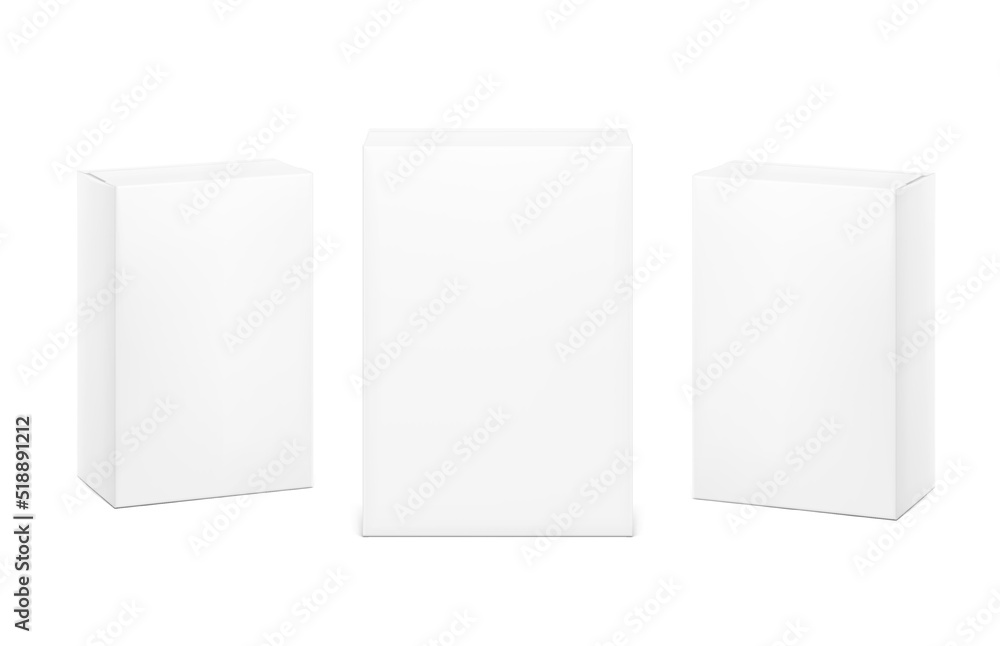 Realistic cardboard boxes mockup set. Front and perspective views. Vector illustration isolated on white background. Can be use for food, medicine, cosmetic and etc. Ready for your design. EPS10. Realistic cardboard boxes mockup set. Front and perspective views. Vector illustration isolated on white background. Can be use for food, medicine, cosmetic and etc. Ready for your design. EPS10.