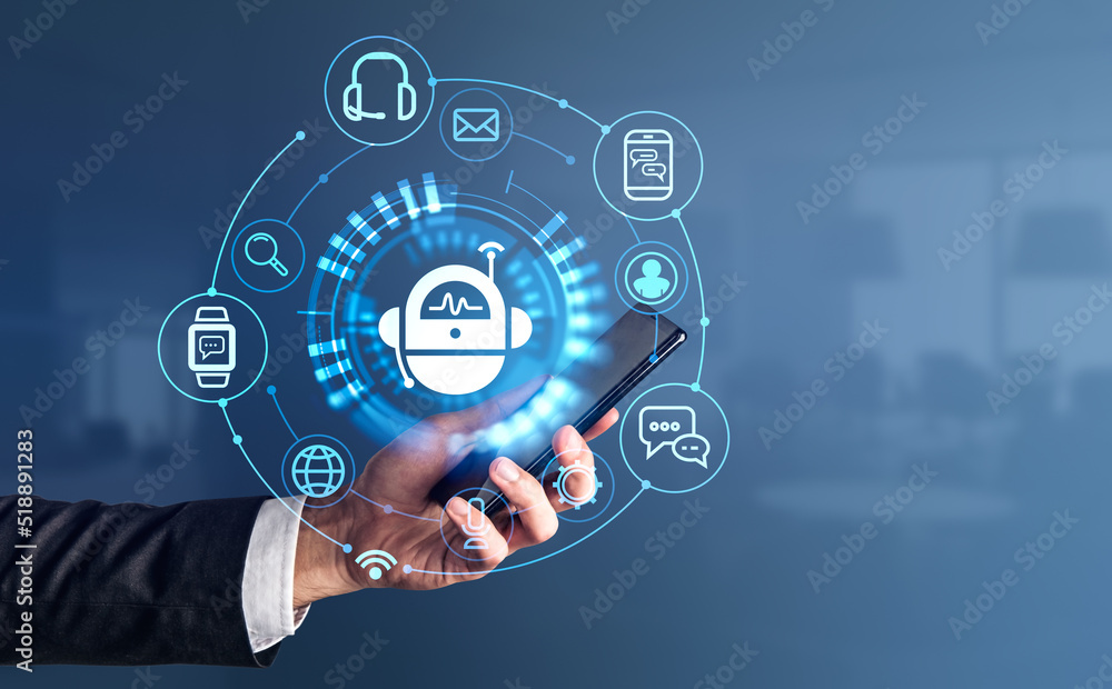 Businessman is holding smartphone with digital interface with various holograms Businessman is holding smartphone with digital interface with various holograms