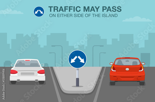 Safe driving tips and traffic regulation rules. Traffic may pass on either side of the island or obstruction. Back view of a traffic flow on city highway. Flat vector illustration template.
