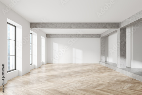 Fototapeta Naklejka Na Ścianę i Meble -  Light empty hall in modern apartment, panoramic window on city view