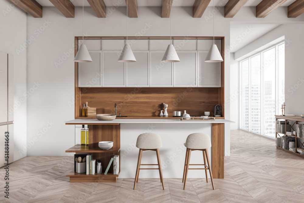 Light kitchen interior with countertop and seats, decoration and panoramic window Light kitchen interior with countertop and seats, decoration and panoramic window