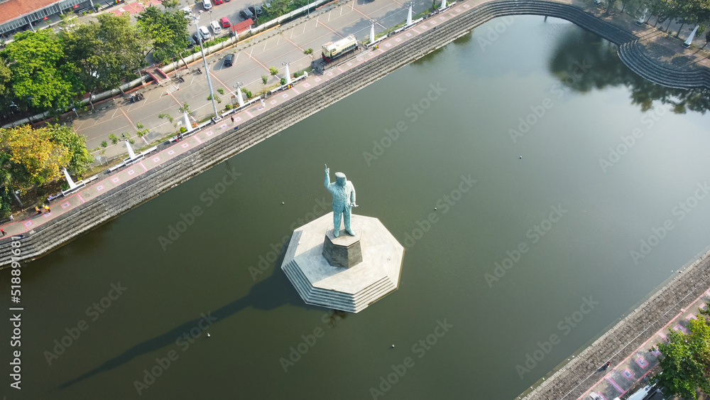 Semarang, Indonesia - July 23th 2022 : Soekarno monument in the middle of Polder Tawang, Semarang, Indonesia
