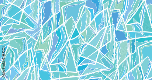Vector blue stained glass pattern with doodle scratches. Trendy texture with white strokes on a turquoise background.