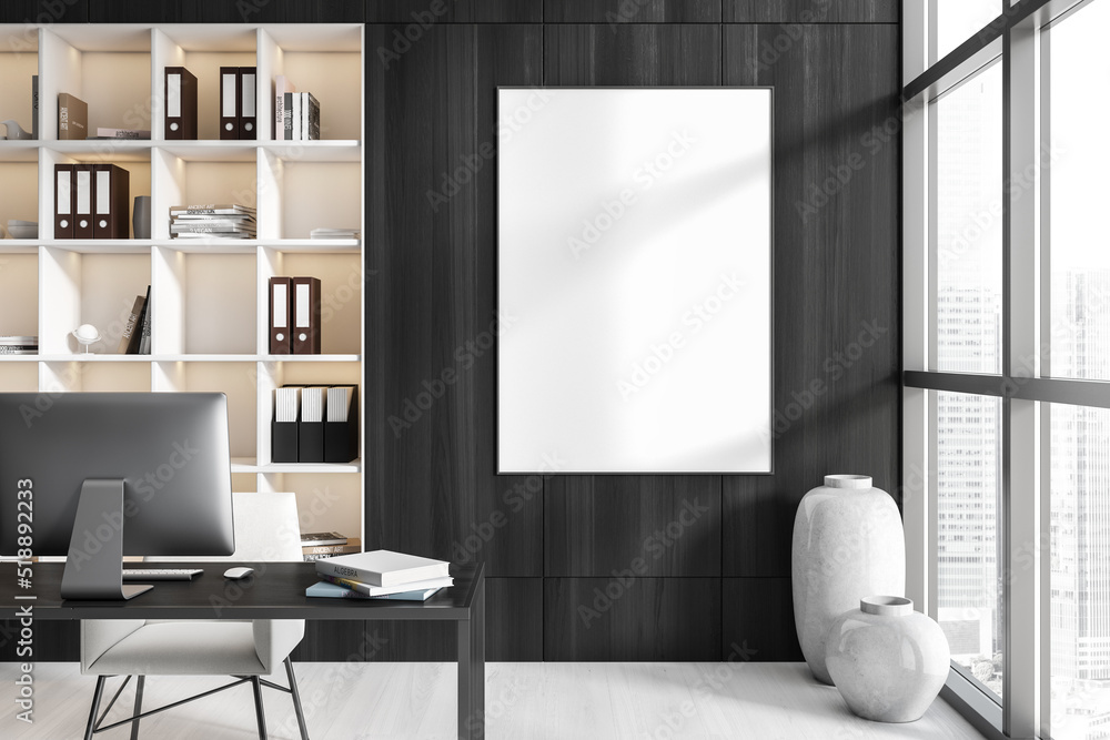 Dark office room interior with desk and shelf, panoramic window. Mockup frame Dark office room interior with desk and shelf, panoramic window. Mockup frame