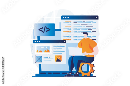 Web development concept with people scene in flat cartoon design. Man is programming computer languages, creating, testing and optimizing website at laptop. Vector illustration visual story for web