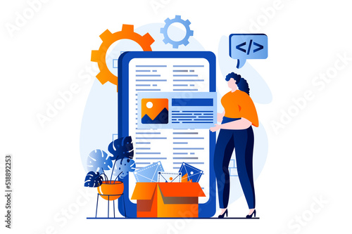 Web development concept with people scene in flat cartoon design. Woman creating and programming website layout, testing and optimizing for mobile phone. Vector illustration visual story for web