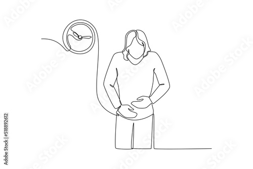 Continuous one line drawing girl suffering from stomach ache due to late eating. Late concept. Single line draw design vector graphic illustration.