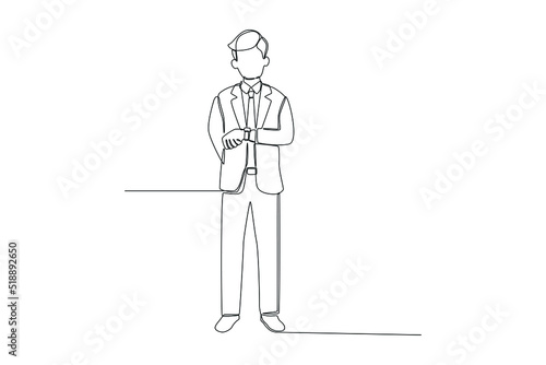 Continuous one line drawing young business man looking at wrist watch. Late concept. Single line draw design vector graphic illustration.
