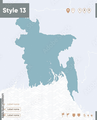 Bangladesh - map with water, national borders and neighboring countries. Shape map.