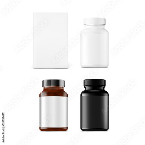 White, black and amber bottles mockup isolated on white background. Can be used for medical, cosmetic, food. Vector illustration. EPS10.	