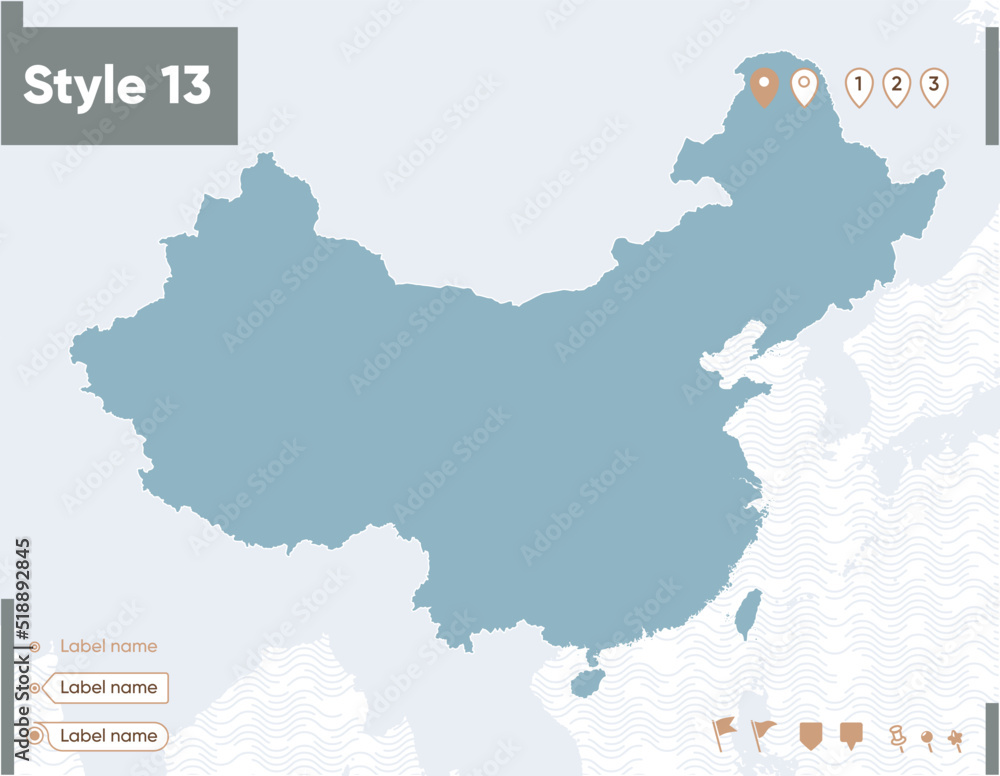 China - map with water, national borders and neighboring countries. Shape map.