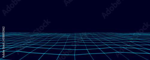 Fototapeta Naklejka Na Ścianę i Meble -  Abstract blue perspective grid. Digital background in retro style. Cyber landscape on black background. Vector illustration.