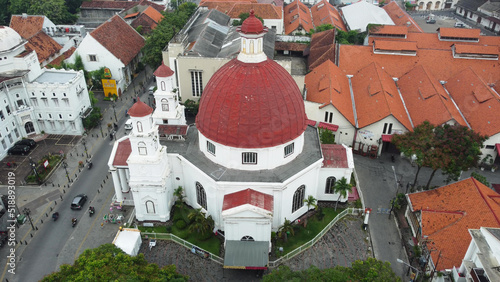 Semarang, Indonesia, April 29th, 2022 : Aerial View Gereja Blenduk (Blenduk Church) in Kota Lama Semarang, is oldest christian church in central java, Indonesia.
 photo