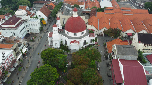 Semarang, Indonesia, April 29th, 2022 : Aerial View Gereja Blenduk (Blenduk Church) in Kota Lama Semarang, is oldest christian church in central java, Indonesia. 