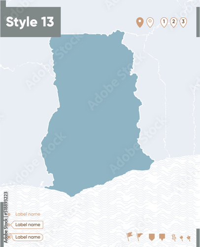 Ghana - map with water, national borders and neighboring countries. Shape map.